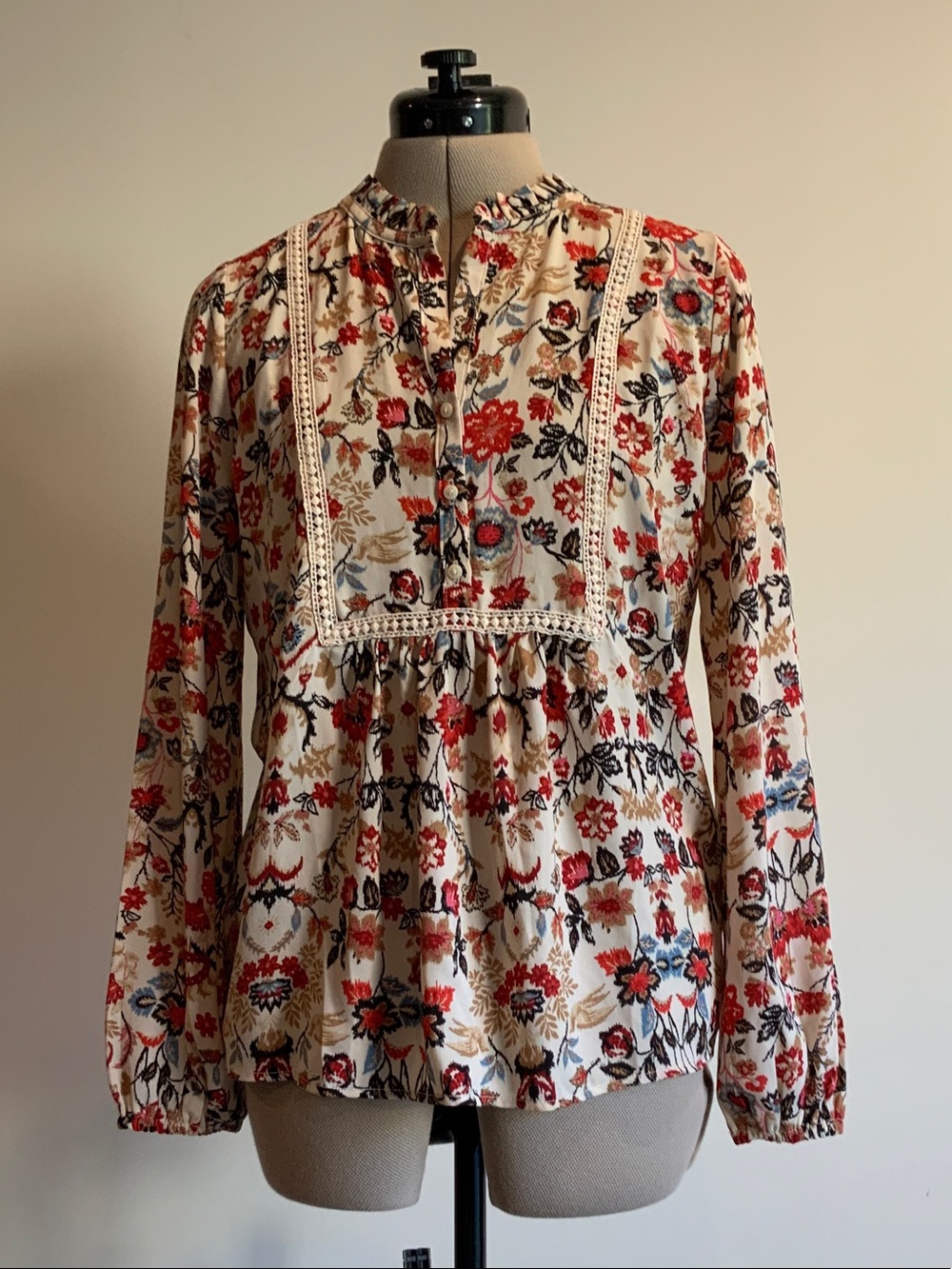 LOFT Floral Peasant Blouse - Red, Blue & Cream